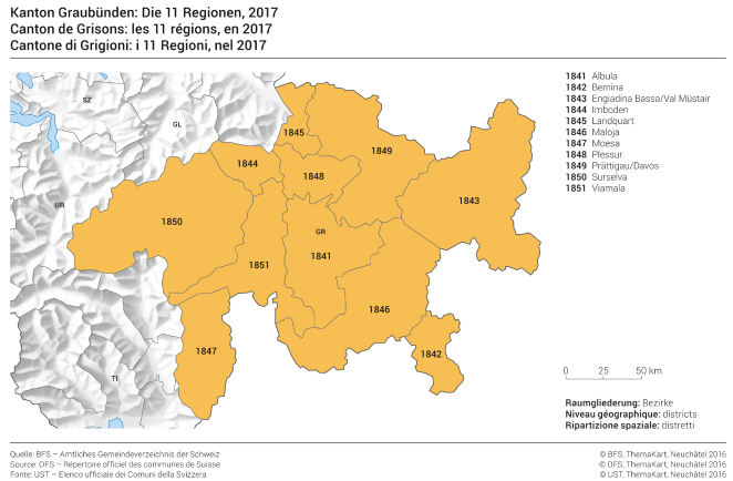 Canton de Grisons: les 11 régions, en 2017
