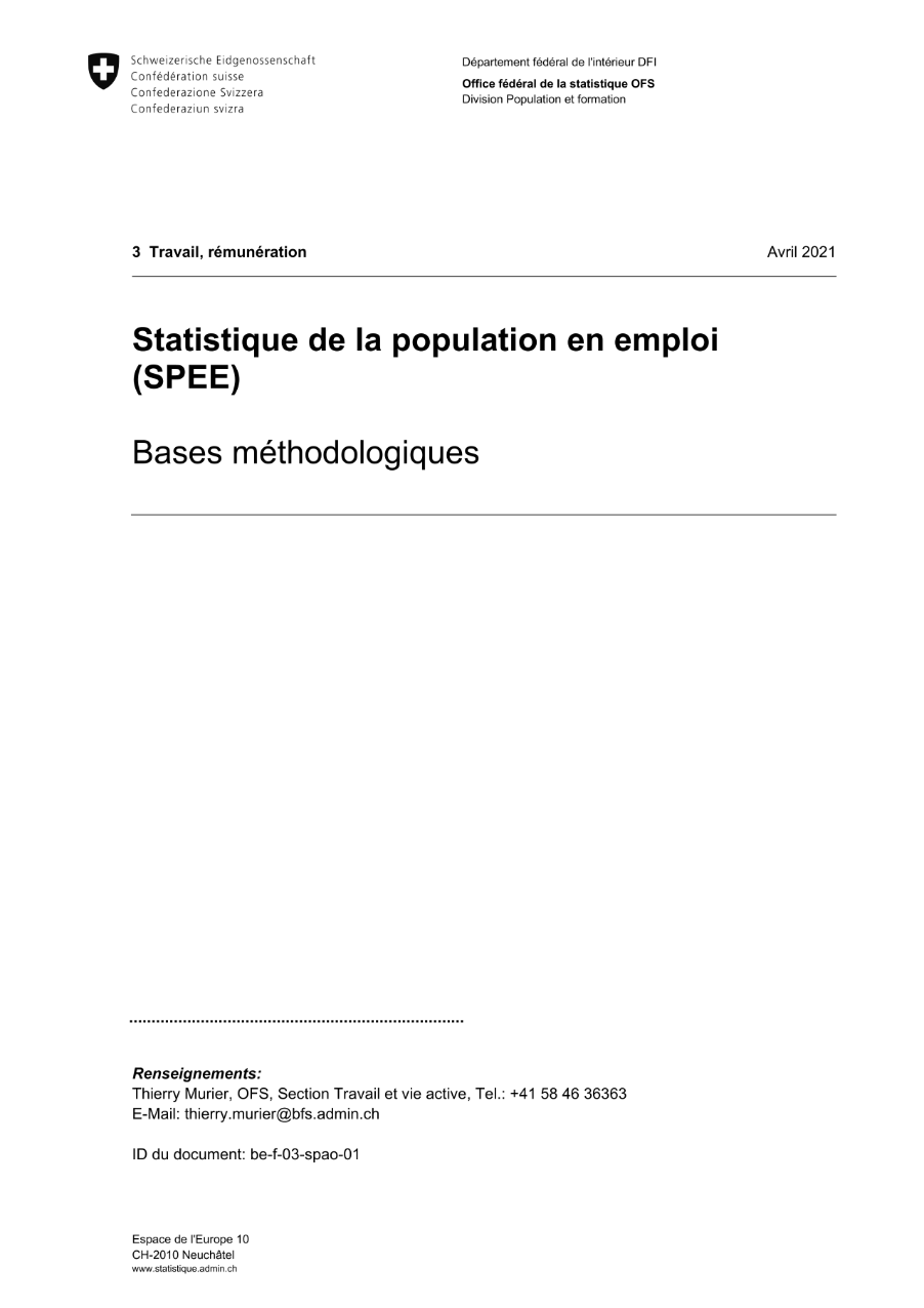 Statistique de la population en emploi (SPEE): bases méthodologiques