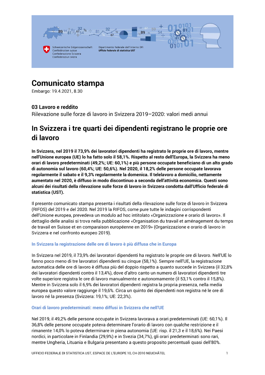 In Svizzera i tre quarti dei dipendenti registrano le proprie ore di lavoro