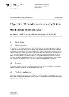 Répertoire officiel des communes de Suisse - Modifications annoncées 2017 - Version du 16.12.2016 (remplace la version du 03.11.2016)