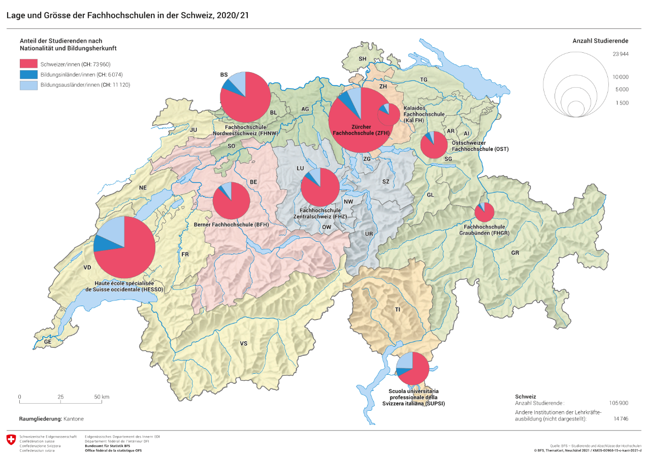 Lage und Grösse der Fachhochschulen in der Schweiz