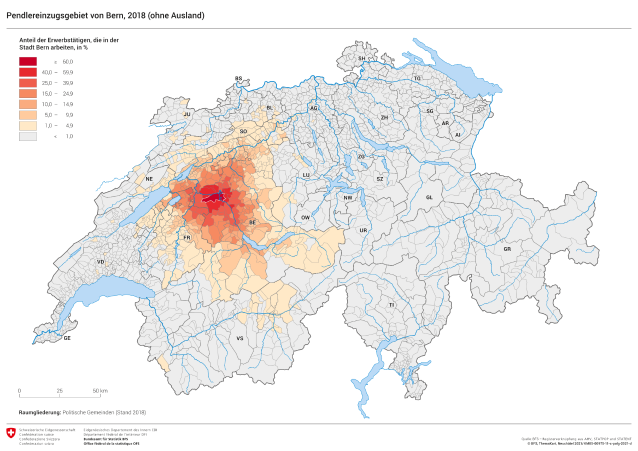 Pendlereinzugsgebiet von Bern, 2018