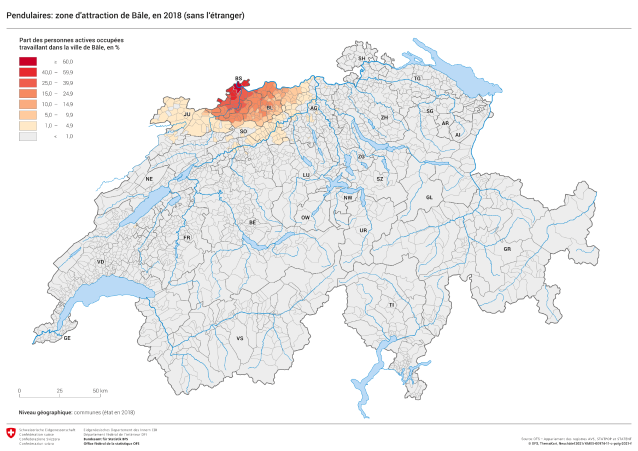 Pendulaires: zone d'attraction de Bâle, en 2018