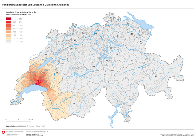 Pendlereinzugsgebiet von Lausanne, 2018