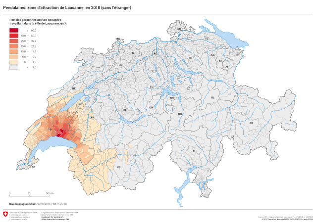 Pendulaires: zone d'attraction de Lausanne, en 2018