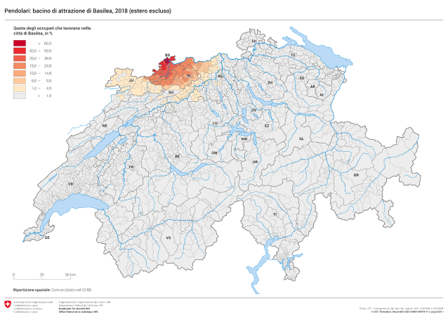 Pendolari: bacino di attrazione di Basilea, 2018