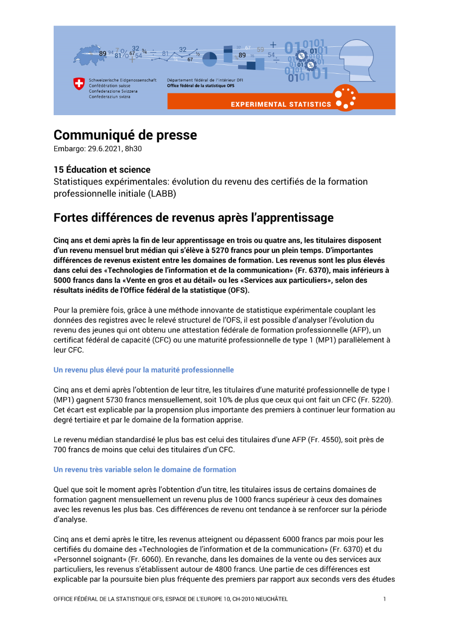 Fortes différences de revenus après l'apprentissage