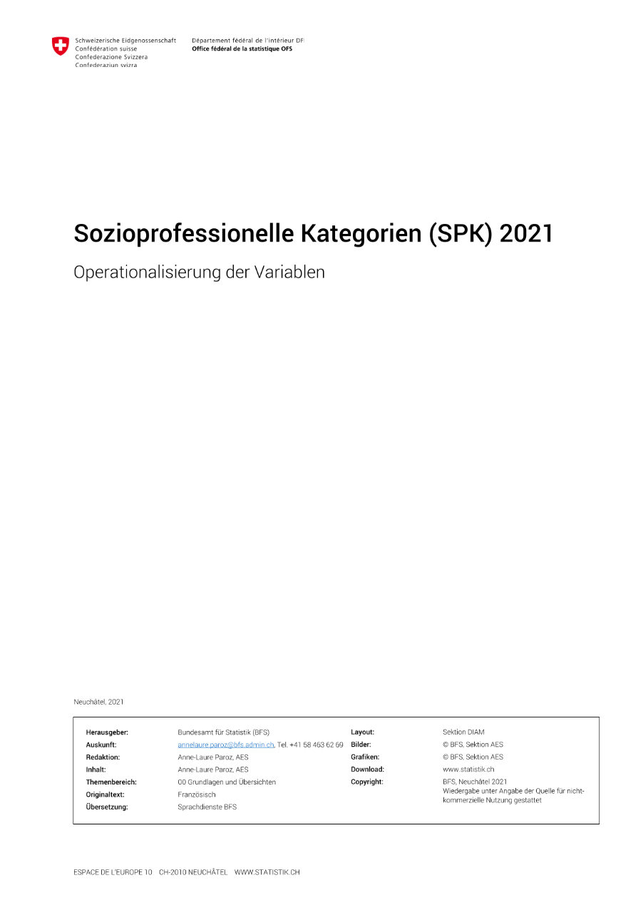 Sozioprofessionelle Kategorien (SPK) 2021- Operationalisierung der sozioprofessionellen Kategorien