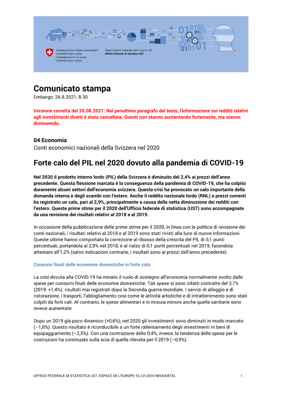 Forte calo del PIL nel 2020 dovuto alla pandemia di COVID-19