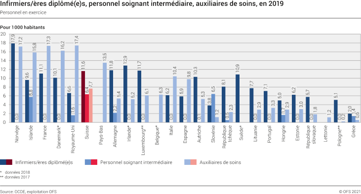 Infirmiers/ères diplômé(e)s, personnel soignant intermédiaire, auxiliaires de soins, en 2019