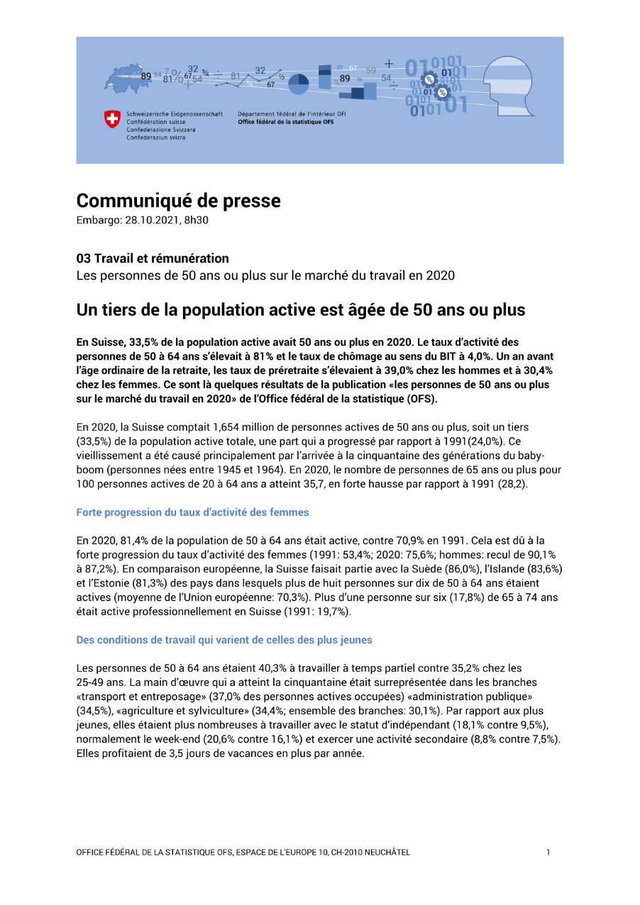 Un tiers de la population active est âgée de 50 ans ou plus