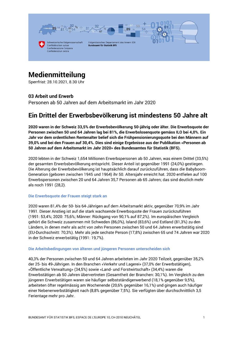 Ein Drittel der Erwerbsbevölkerung ist mindestens 50 Jahre alt