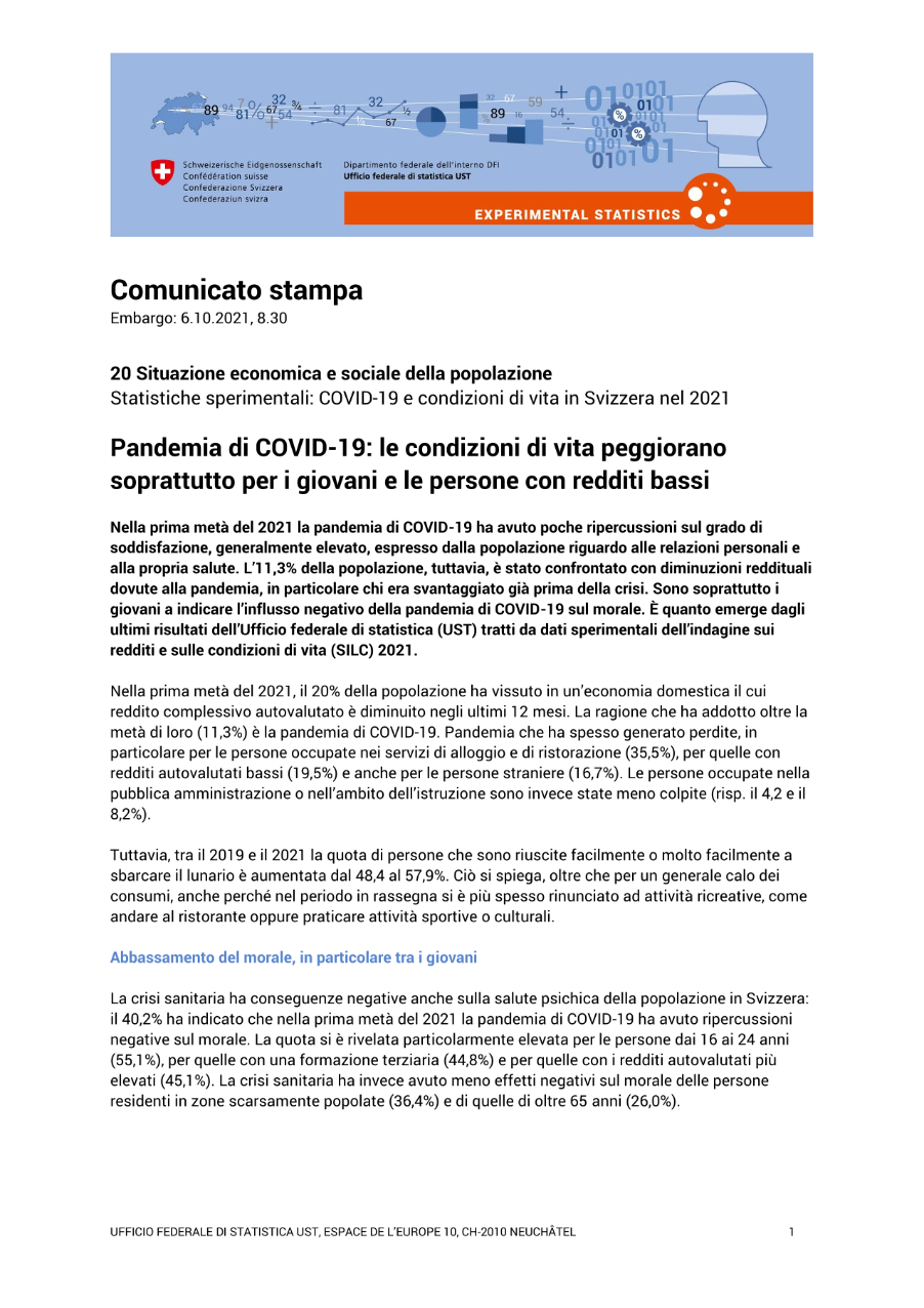 Pandemia di COVID-19: le condizioni di vita peggiorano soprattutto per i giovani e le persone con redditi bassi