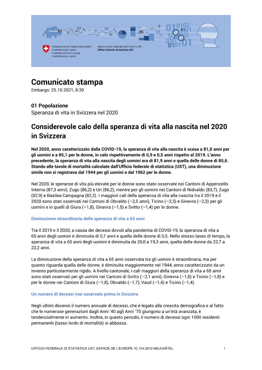 Considerevole calo della speranza di vita alla nascita nel 2020 in Svizzera