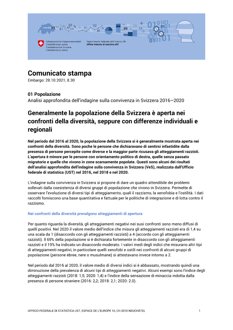 Generalmente la popolazione della Svizzera è aperta nei confronti della diversità, seppure con differenze individuali e regionali