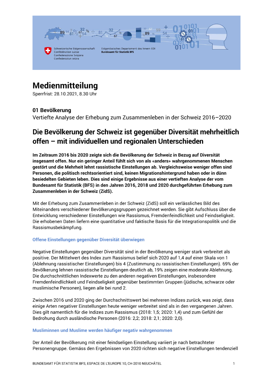 Die Bevölkerung der Schweiz ist gegenüber Diversität mehrheitlich offen - mit individuellen und regionalen Unterschieden