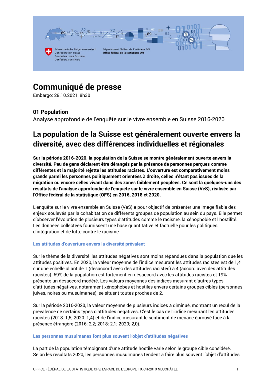 La population de la Suisse est généralement ouverte envers la diversité, avec des différences individuelles et régionales
