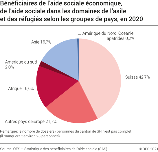 Bénéficiaires de l'aide sociale économique, de l'aide sociale dans les domaines de l'asile et des réfugiés selon les groupes de pays, en 2020