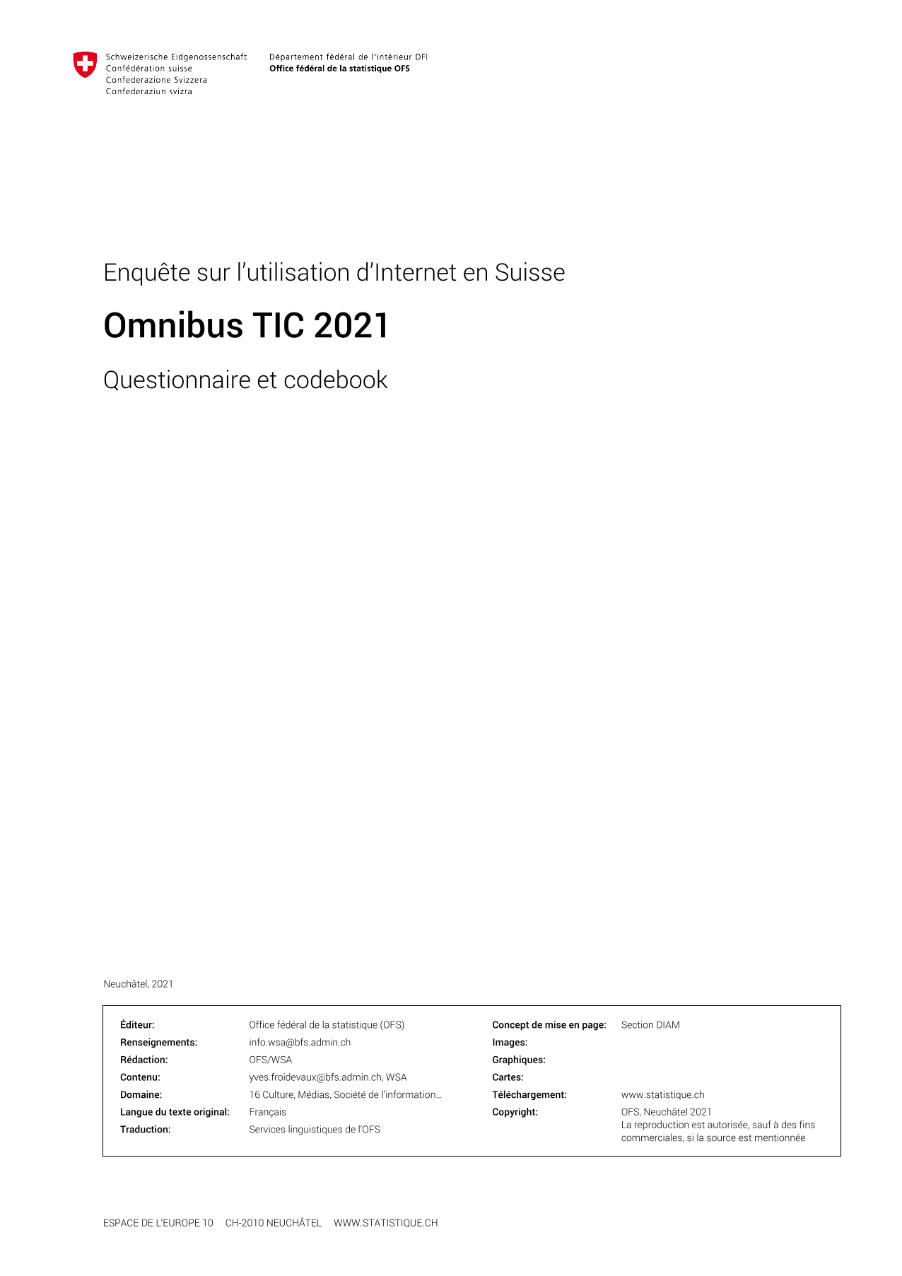 Enquête sur l'utilisation d'Internet 2021 - Questionnaire et Codebook