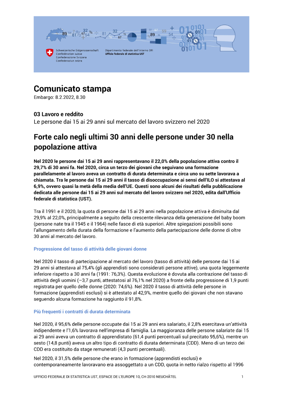 Forte calo negli ultimi 30 anni delle persone under 30 nella popolazione attiva