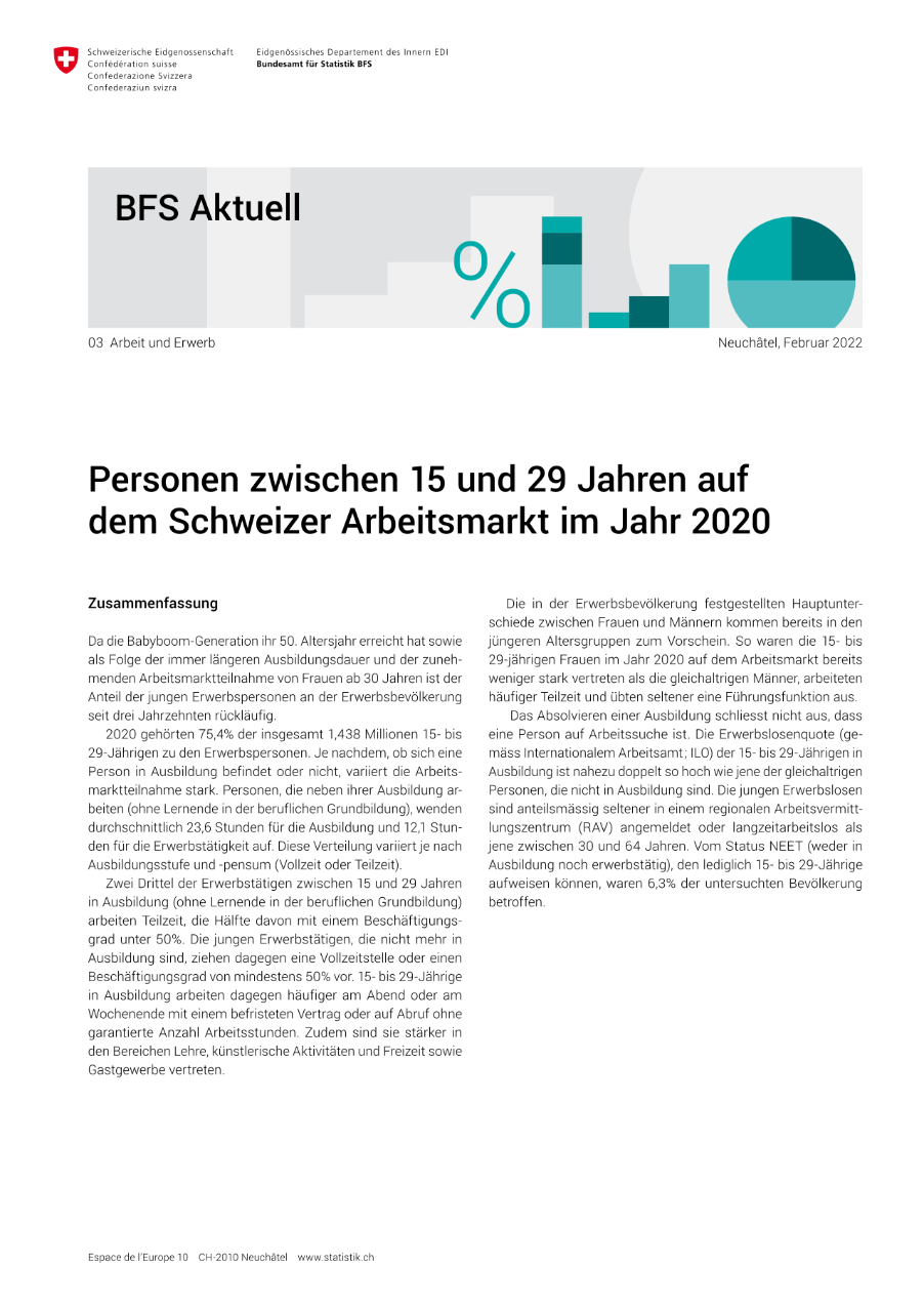 Personen zwischen 15 und 29 Jahren auf dem Schweizer Arbeitsmarkt im Jahr 2020