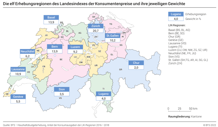 Die elf Erhebungsregionen des Landesindexes der Konsumentenpreise und ihre jeweiligen Gewichte