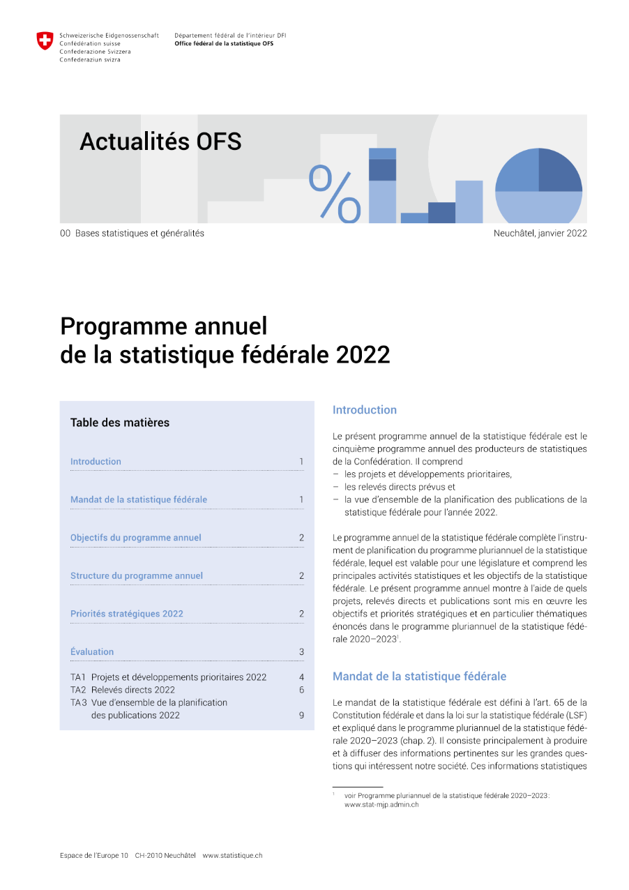 Programme annuel de la statistique fédérale 2022