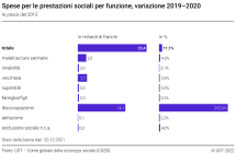 Spese per le prestazioni sociali per funzione, variazione 2019–2020