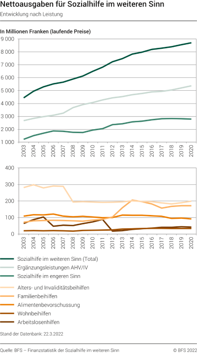 Nettoausgaben für Sozialhilfe im weiteren Sinn, Entwicklung nach Leistung