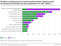 Etudiants en préparation aux examens professionnels supérieurs selon les domaines de formation les plus représentés et le sexe