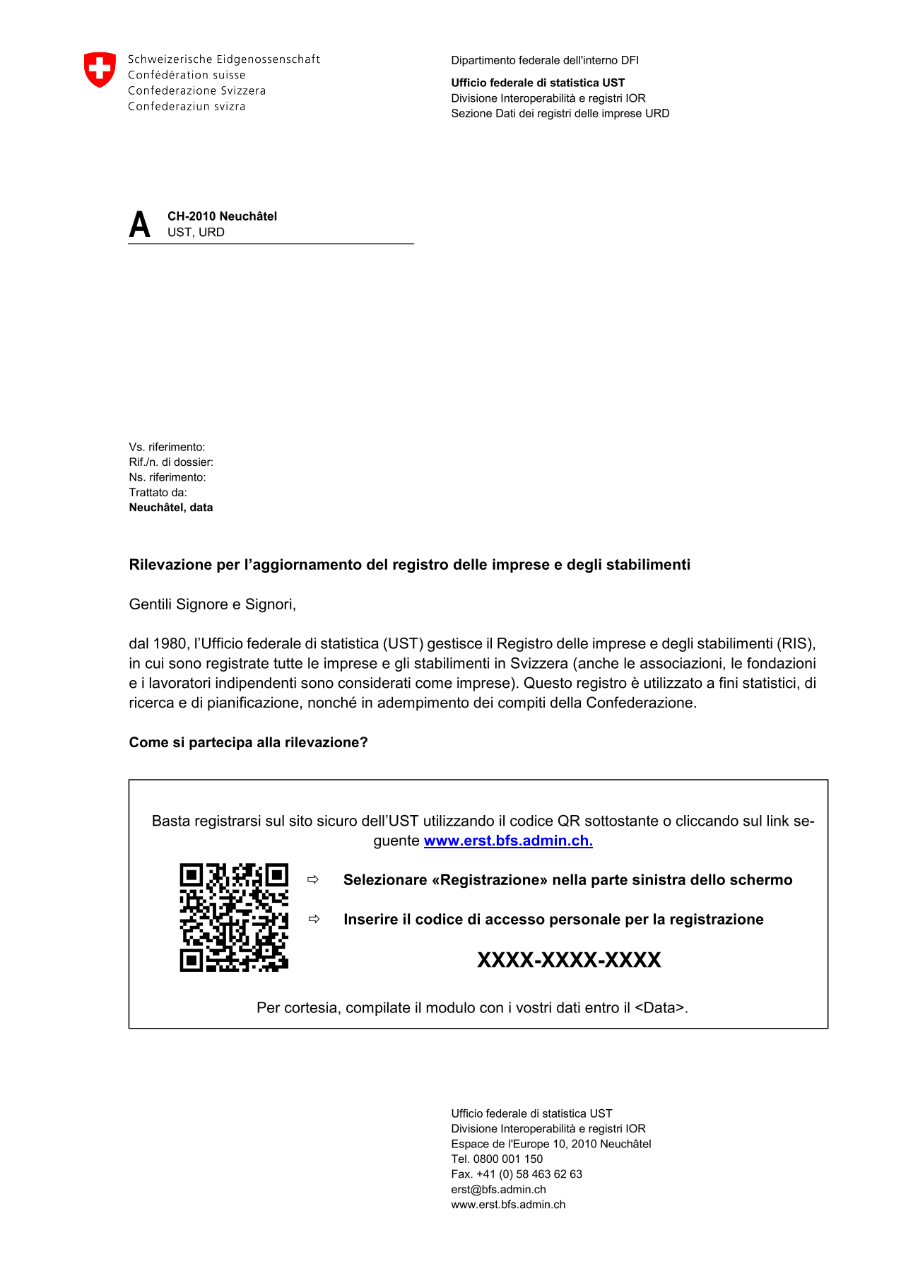 Rilevazione per l'aggiornamento del Registro delle imprese e degli stabilimenti (ERST) - Lettera di accompagnamento