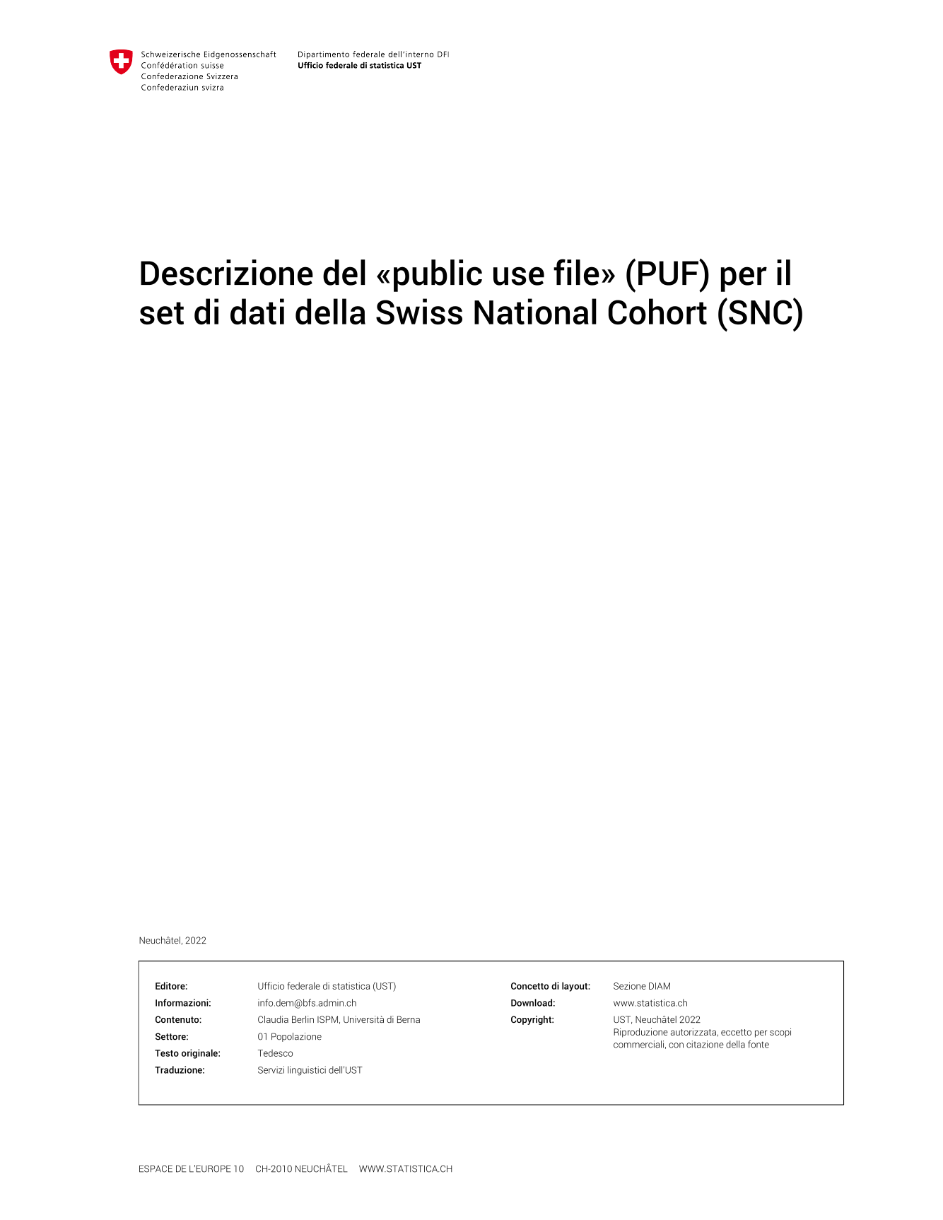 Descrizione del «public use file» (PUF) per il set di dati della Swiss National Cohort (SNC)