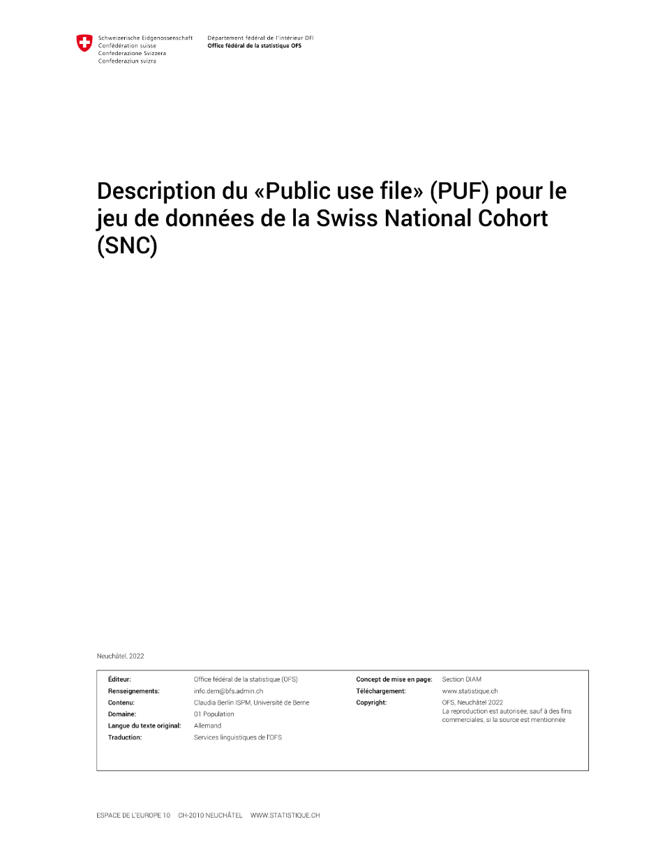 Description du «Public use file» (PUF) pour le jeu de données de la Swiss National Cohort (SNC)