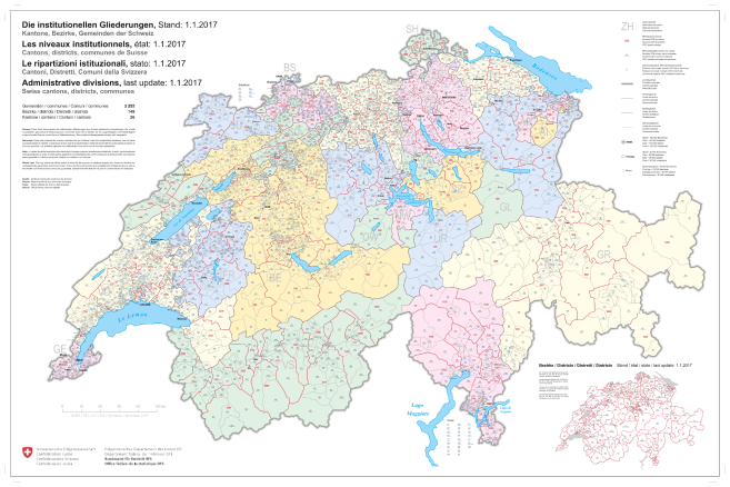 General map of institutional divisions of Switzerland, last update: 1.1.2017