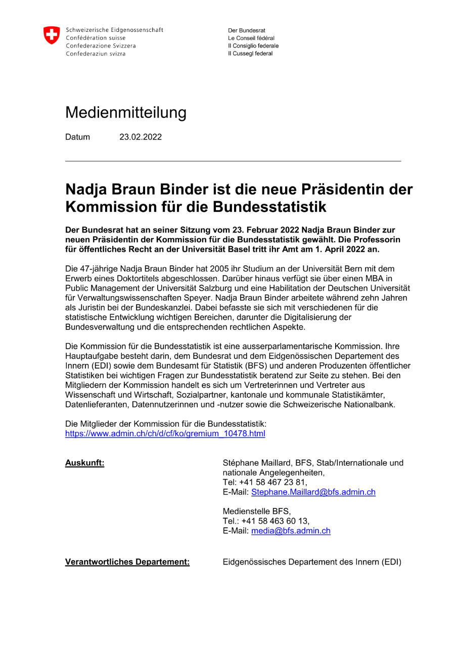 Nadja Braun Binder ist die neue Präsidentin der Kommission für die Bundesstatistik