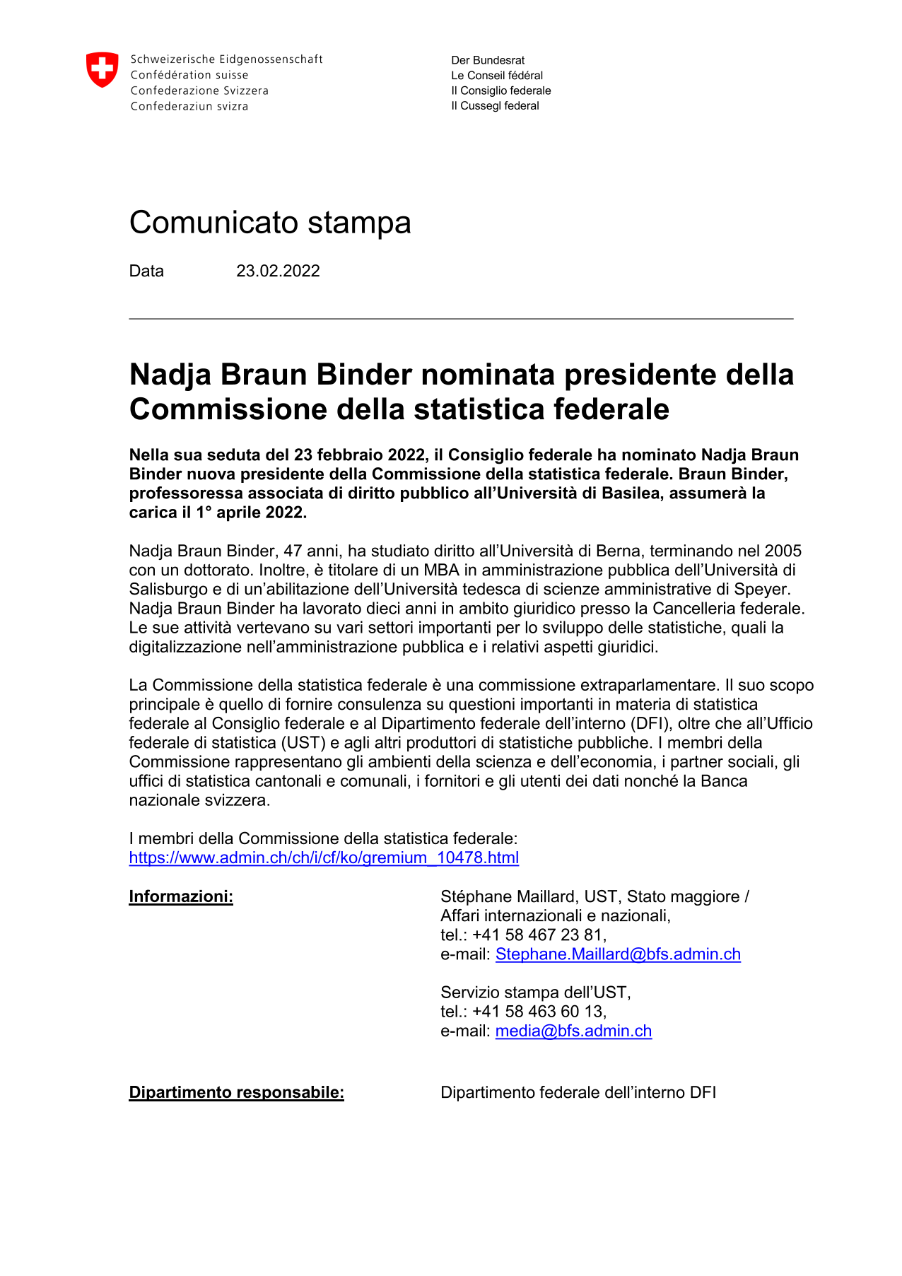 Nadja Braun Binder nominata presidente della Commissione della statistica federale