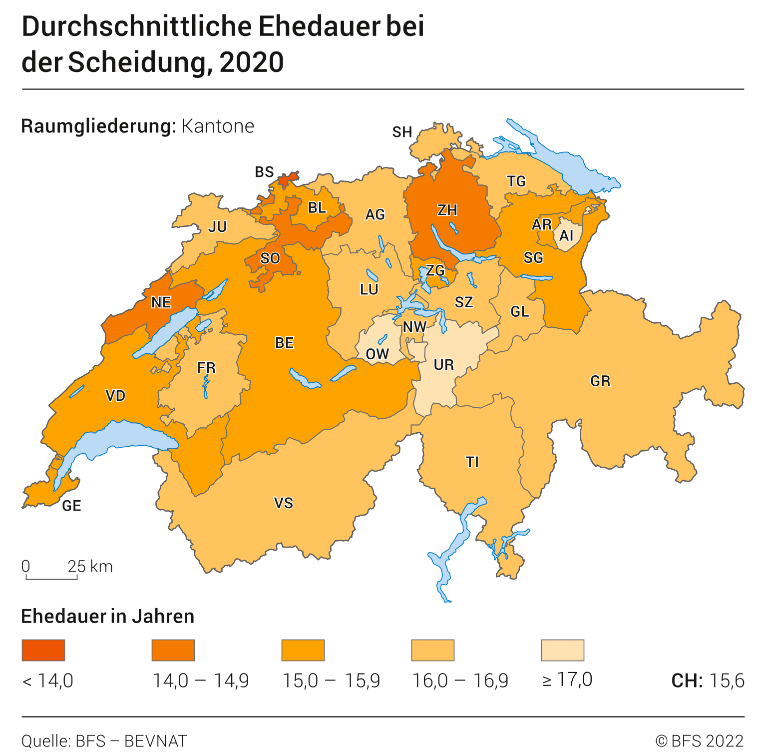 Durchschnittliche Ehedauer bei der Scheidung (Kantone) Karte