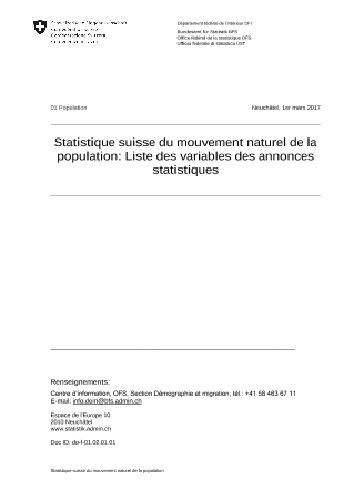 Statistique suisse du mouvement naturel de la population: Liste des variables des annonces statistiques