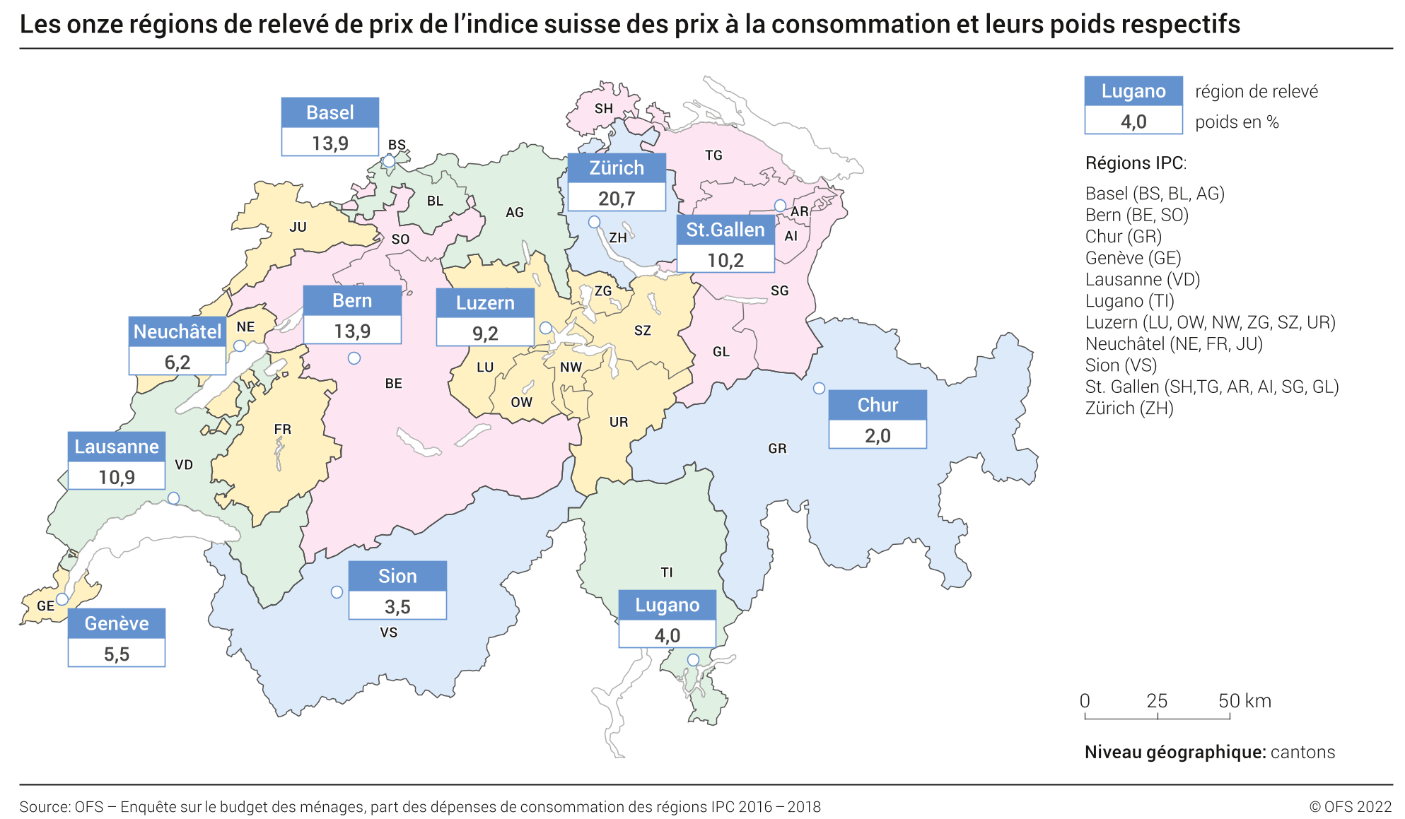 Les onze régions de relevé de prix de l'indice suisse des prix à la consommation et leurs poids respectifs