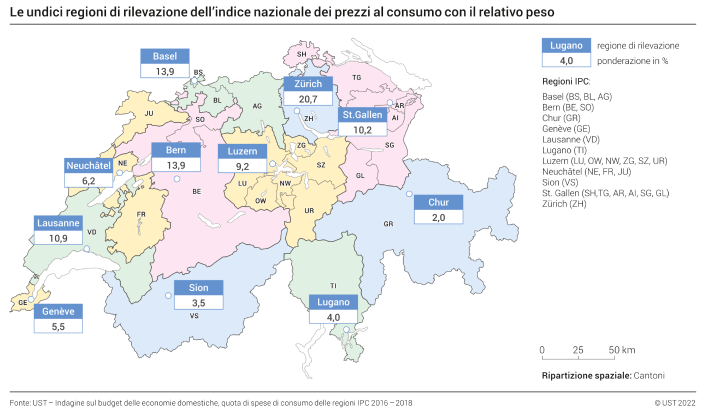 Le undici regioni di rilevazione dell'indice nazionale dei prezzi al consumo con il relativo peso