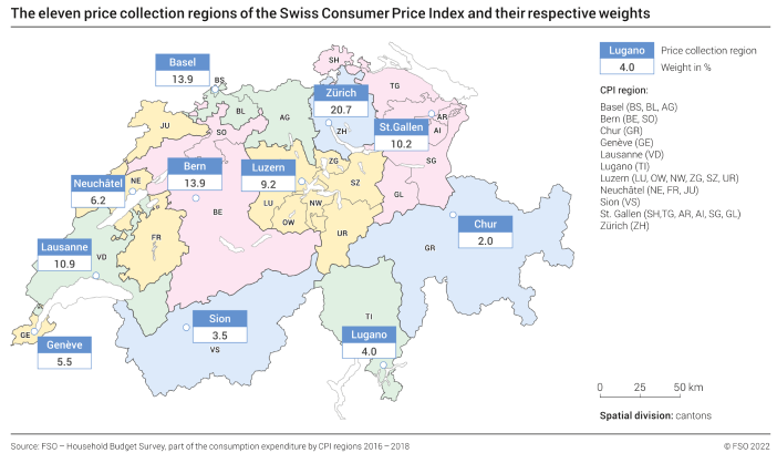 The eleven price collection regions of the Swiss Consumer Price Index and their respective weights