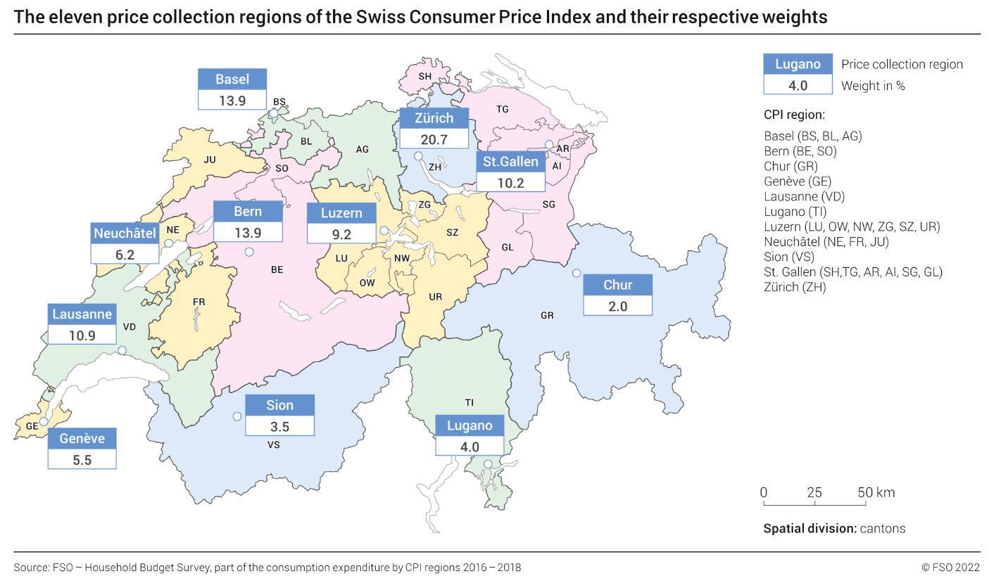The eleven price collection regions of the Swiss Consumer Price Index and their respective weights