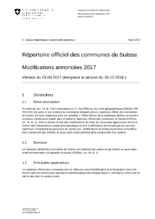 Répertoire officiel des communes de Suisse - Modifications annoncées 2017 - Version du 23.03.2017 (remplace la version du 16.12.2016)
