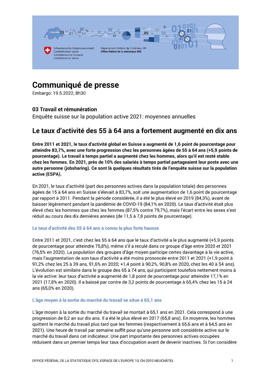 Le taux d'activité des 55 à 64 ans a fortement augmenté en dix ans