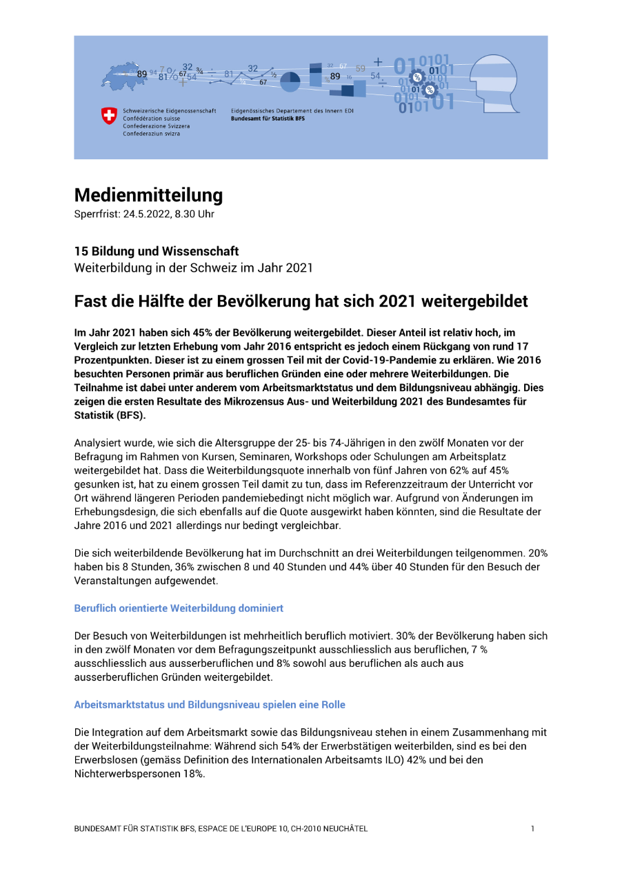 Fast die Hälfte der Bevölkerung hat sich 2021 weitergebildet