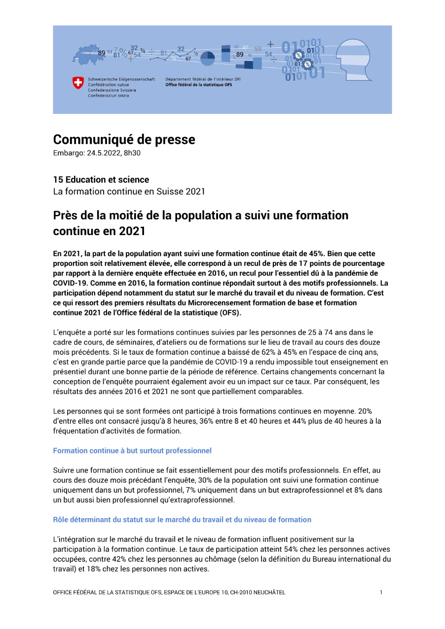 Près de la moitié de la population a suivi une formation continue en 2021