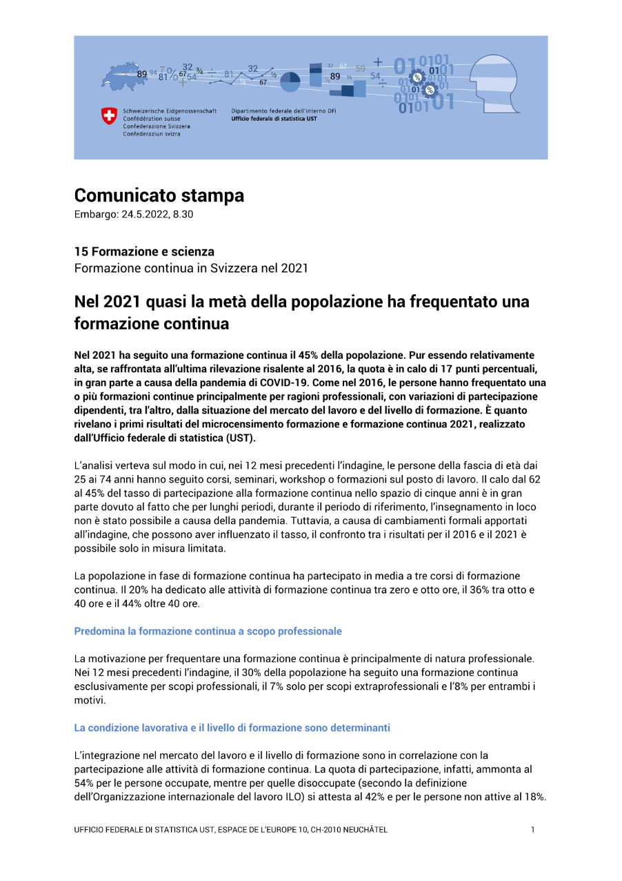 Nel 2021 quasi la metà della popolazione ha frequentato una formazione continua