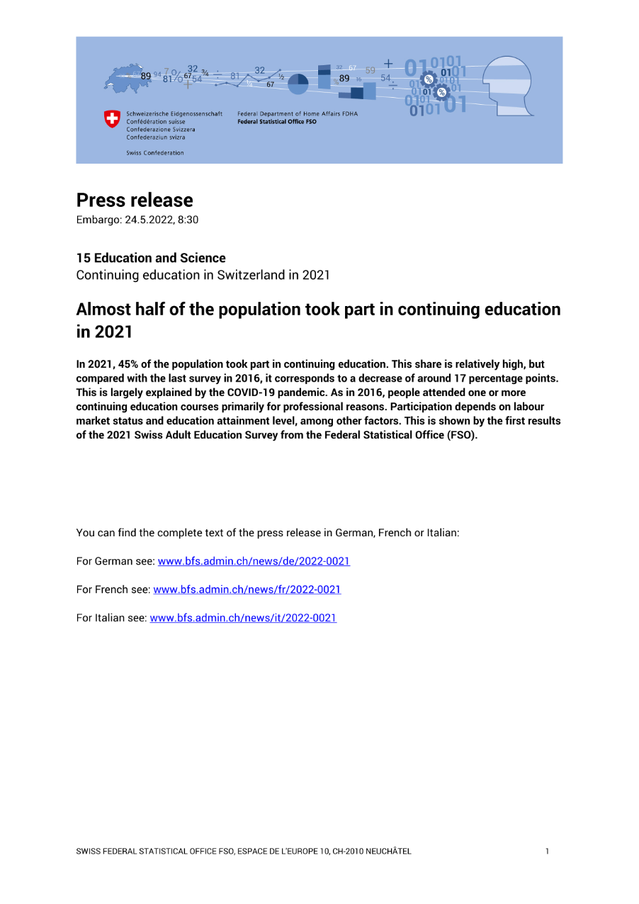 Almost half of the population took part in continuing education in 2021
