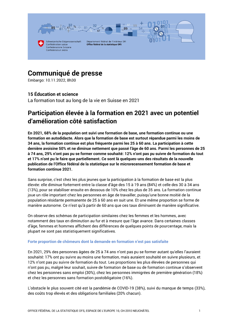 Participation élevée à la formation en 2021 avec un potentiel d'amélioration côté satisfaction