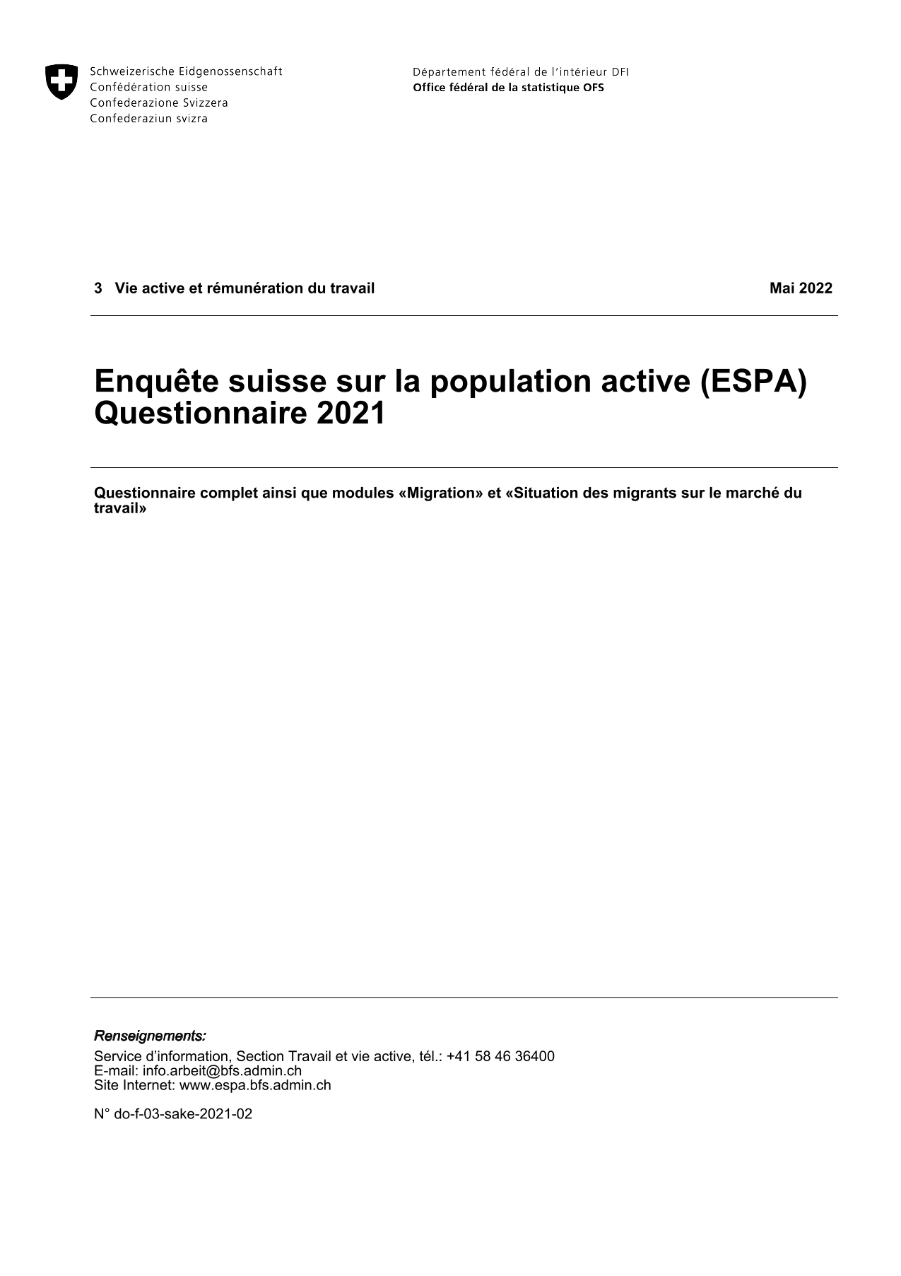 ESPA: Questionnaire 2021 - Questionnaire complet ainsi que modules «Migration» et «Situation des migrants sur le marché du travail»